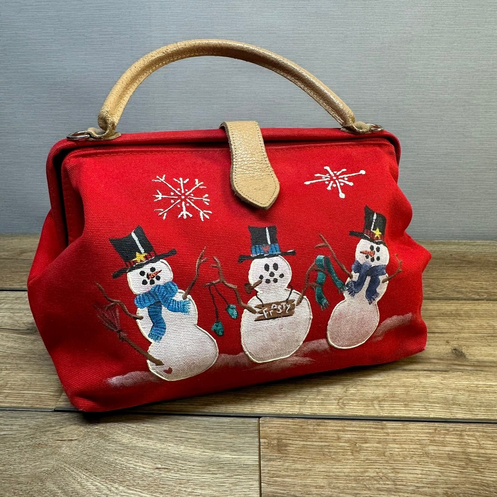 Vintage‎ T. Capelli Hand Painted Snowman Purse Red Holiday Festive Handbag 90s